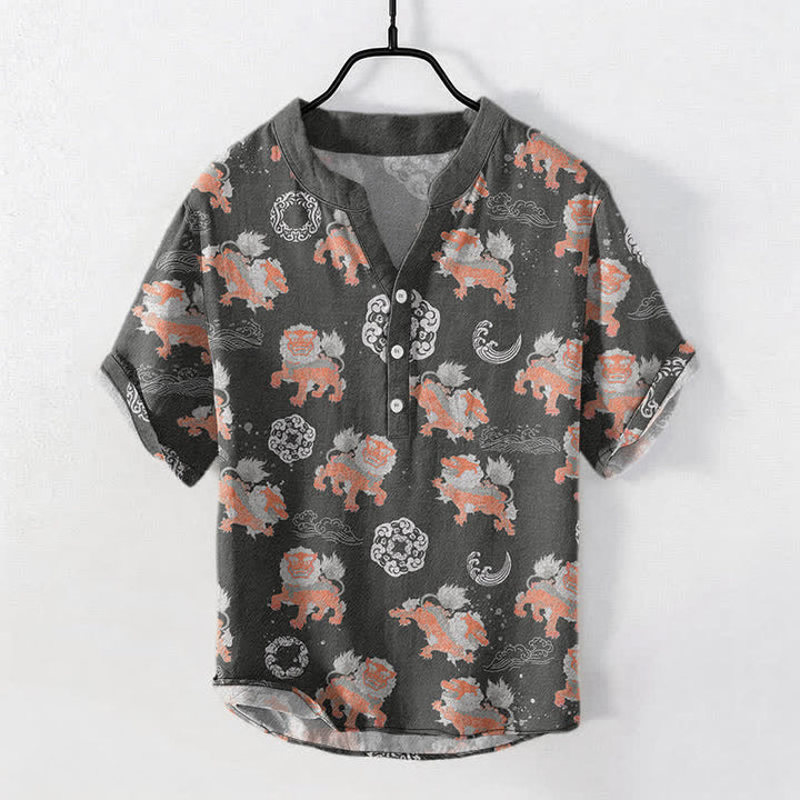 Buddha Stones Cotton Lion Waves Cloud Men's Short Sleeve Shirt Lightweight Resort Boxy Fit - image 0