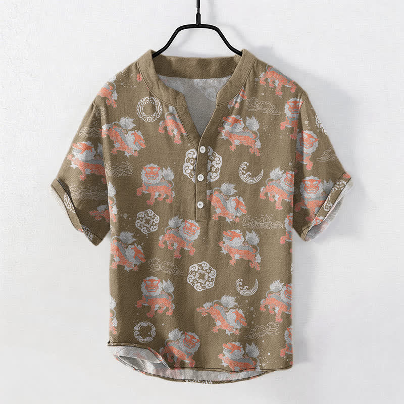 Buddha Stones Cotton Lion Waves Cloud Men's Short Sleeve Shirt Lightweight Resort Boxy Fit - Tan - US/UK/AU50，EU60 (5XL) - image 5