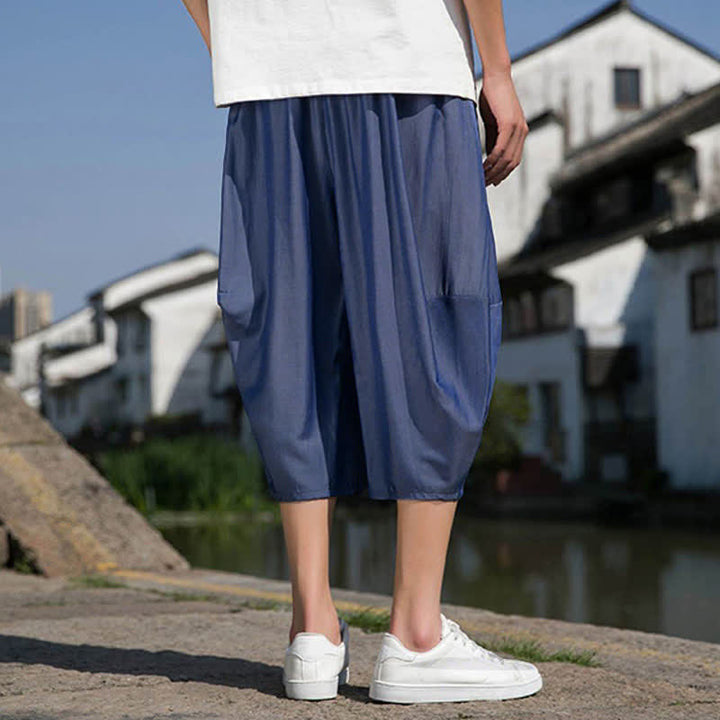 Buddha Stones Summer Elastic Waist Drawstring Solid Color Half Men's Tapered Pants With Pockets  - image 2