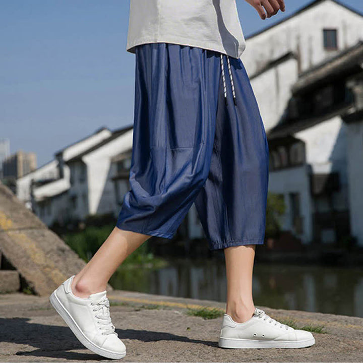 Buddha Stones Summer Elastic Waist Drawstring Solid Color Half Men's Tapered Pants With Pockets  - image 3