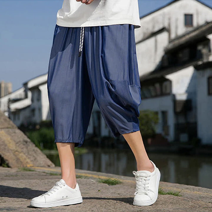Buddha Stones Summer Elastic Waist Drawstring Solid Color Half Men's Tapered Pants With Pockets  - image 4