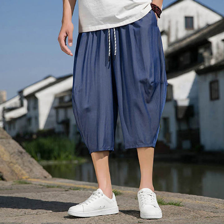 Buddha Stones Summer Elastic Waist Drawstring Solid Color Half Men's Tapered Pants With Pockets  - image 7