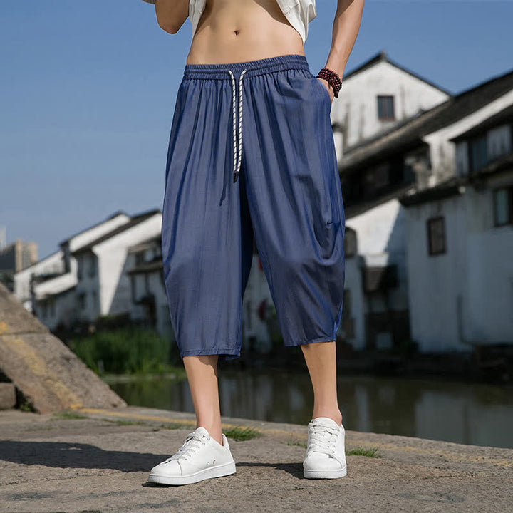 Buddha Stones Summer Elastic Waist Drawstring Solid Color Half Men's Tapered Pants With Pockets  - image 5