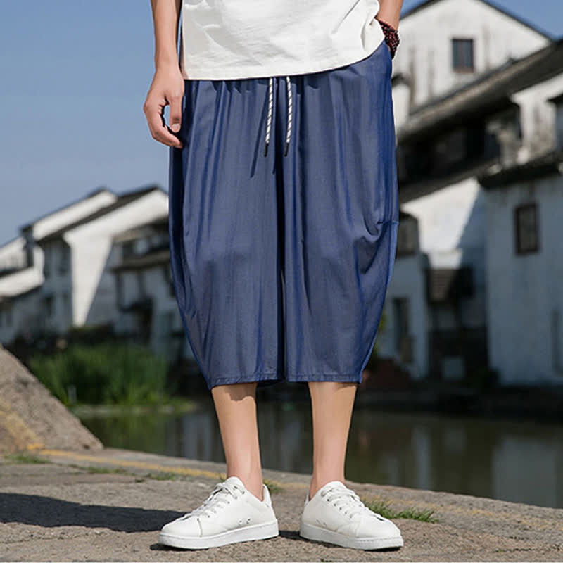 Buddha Stones Summer Elastic Waist Drawstring Solid Color Half Men's Tapered Pants With Pockets  - image 1