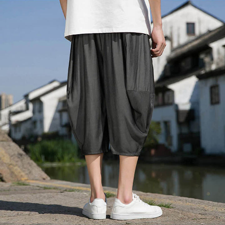 Buddha Stones Summer Elastic Waist Drawstring Solid Color Half Men's Tapered Pants With Pockets  - image 12