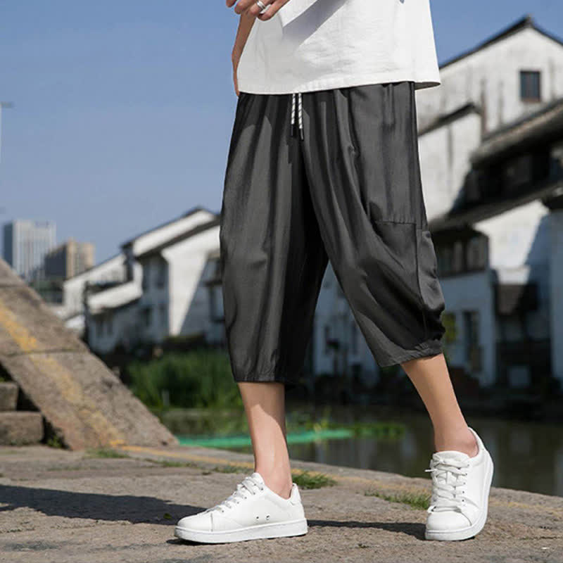 Buddha Stones Summer Elastic Waist Drawstring Solid Color Half Men's Tapered Pants With Pockets  - DimGray - US/UK/AU46，EU56 (5XL) - image 10
