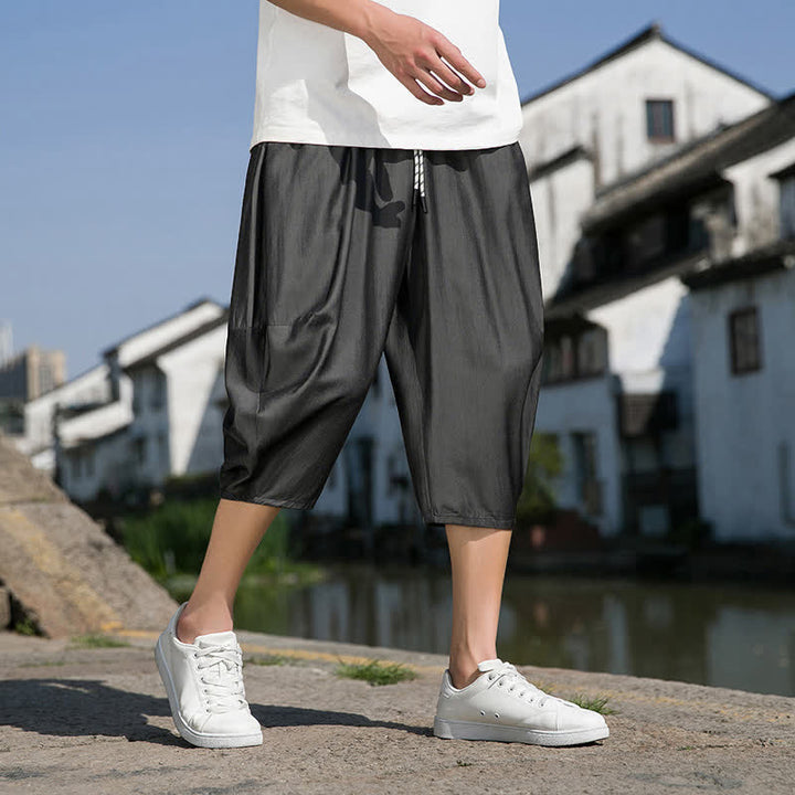 Buddha Stones Summer Elastic Waist Drawstring Solid Color Half Men's Tapered Pants With Pockets  - image 17