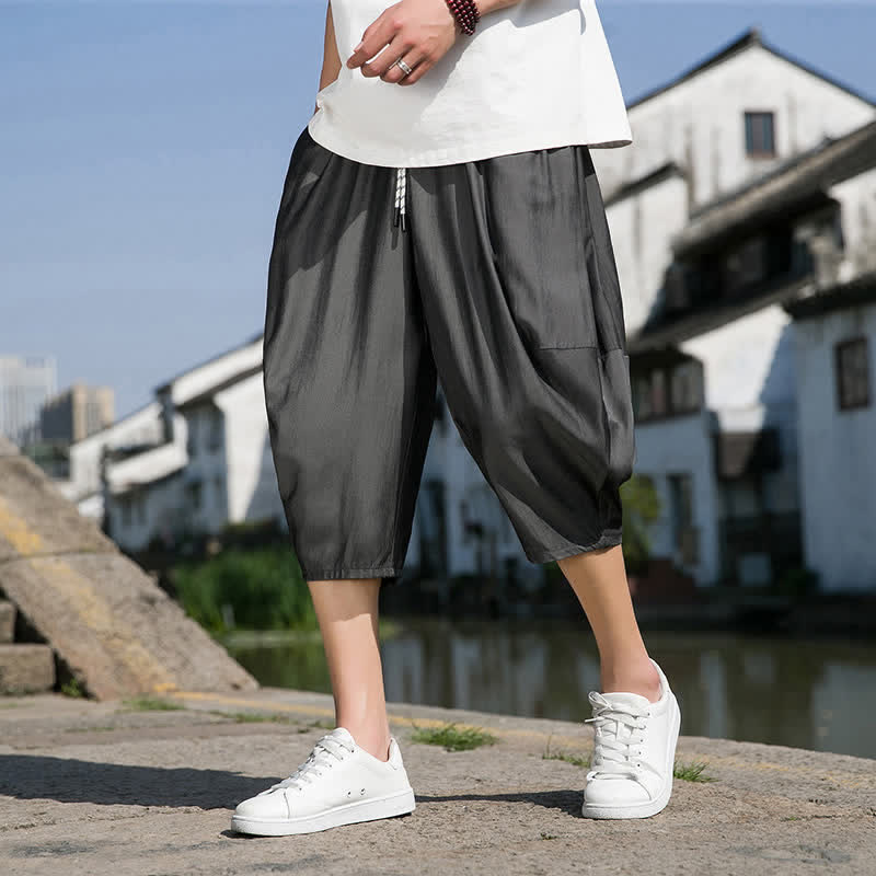 Buddha Stones Summer Elastic Waist Drawstring Solid Color Half Men's Tapered Pants With Pockets  - image 19