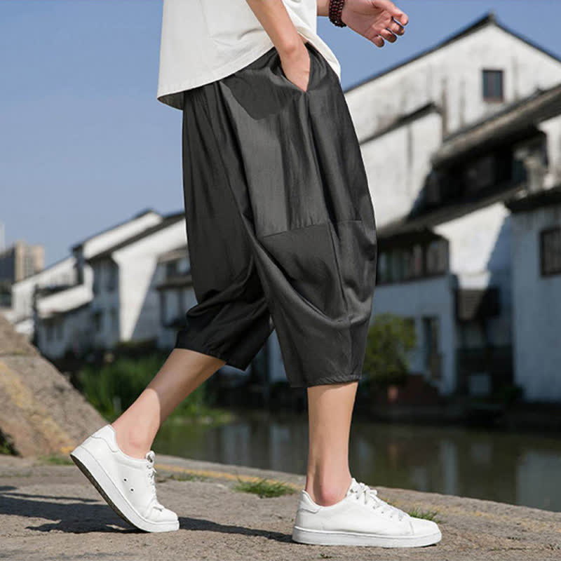 Buddha Stones Summer Elastic Waist Drawstring Solid Color Half Men's Tapered Pants With Pockets  - image 18