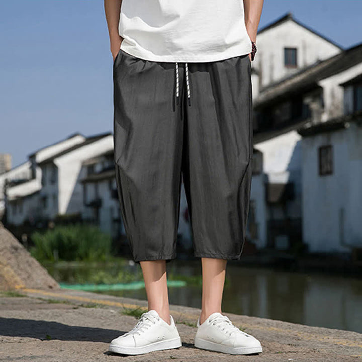 Buddha Stones Summer Elastic Waist Drawstring Solid Color Half Men's Tapered Pants With Pockets  - image 11