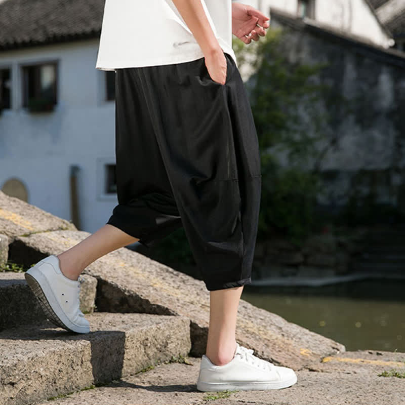 Buddha Stones Summer Elastic Waist Drawstring Solid Color Half Men's Tapered Pants With Pockets  - image 22