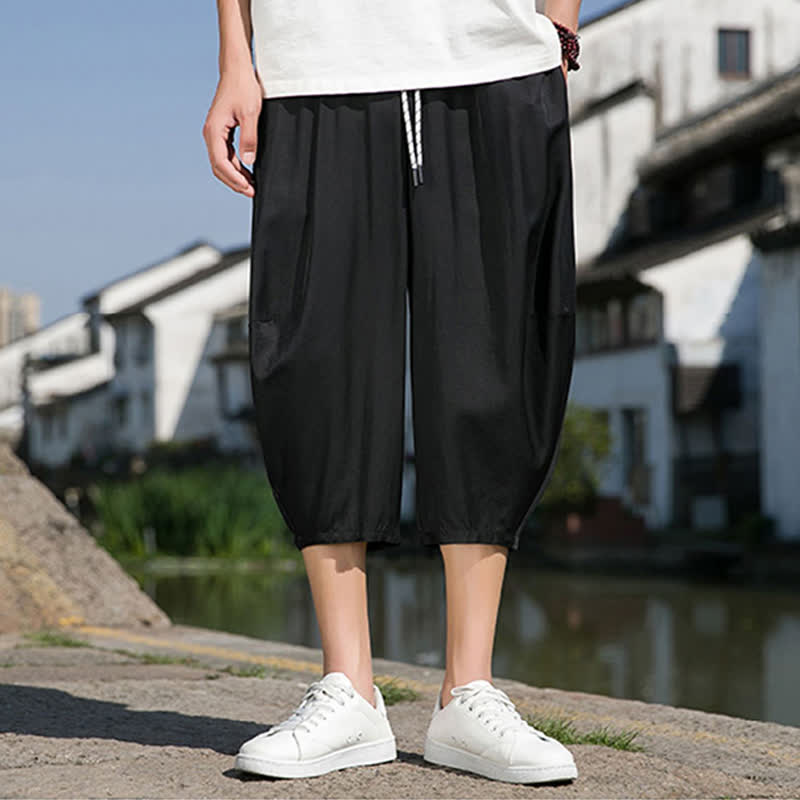 Buddha Stones Summer Elastic Waist Drawstring Solid Color Half Men's Tapered Pants With Pockets  - Black - US/UK/AU46，EU56 (5XL) - image 21