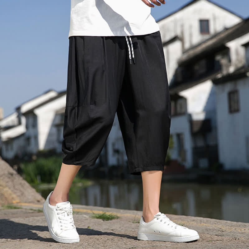 Buddha Stones Summer Elastic Waist Drawstring Solid Color Half Men's Tapered Pants With Pockets  - image 26