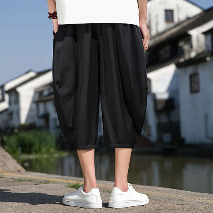 Buddha Stones Summer Elastic Waist Drawstring Solid Color Half Men's Tapered Pants With Pockets  - image 24
