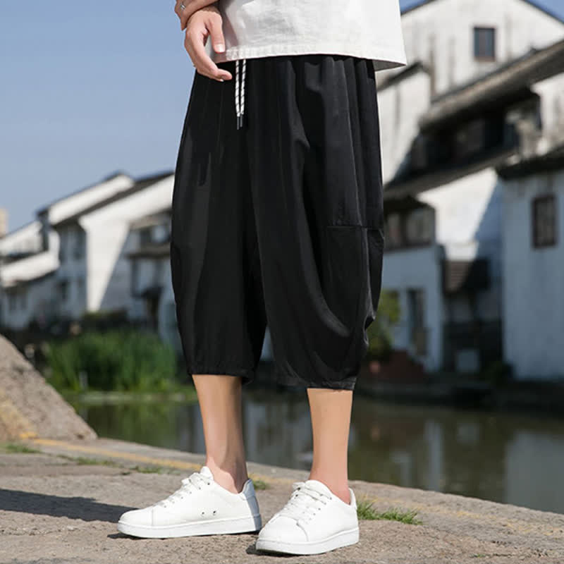 Buddha Stones Summer Elastic Waist Drawstring Solid Color Half Men's Tapered Pants With Pockets  - image 27