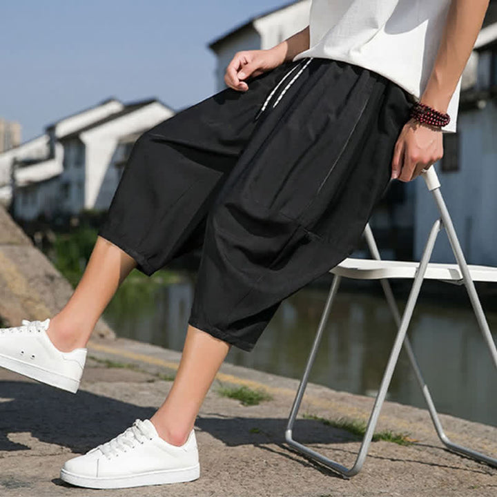 Buddha Stones Summer Elastic Waist Drawstring Solid Color Half Men's Tapered Pants With Pockets  - image 25