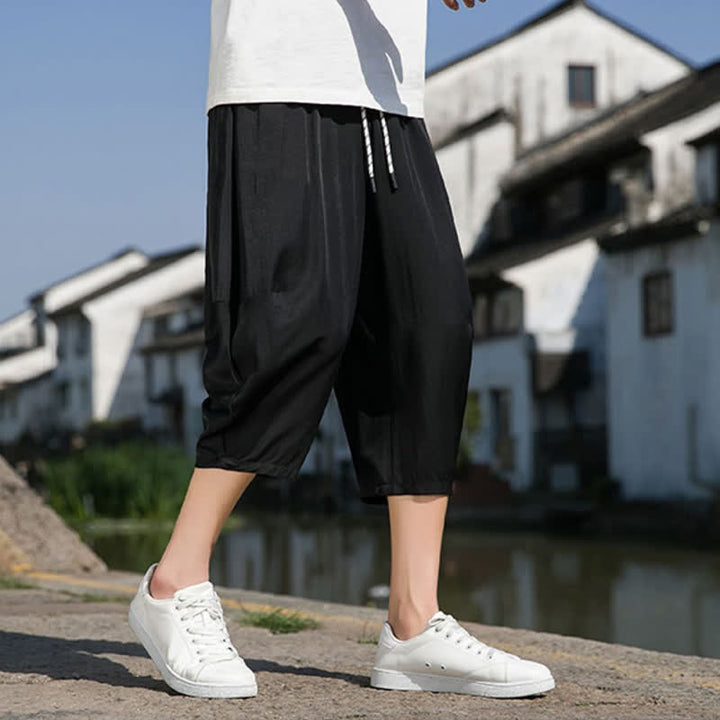 Buddha Stones Summer Elastic Waist Drawstring Solid Color Half Men's Tapered Pants With Pockets  - image 23