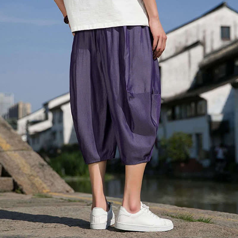 Buddha Stones Summer Elastic Waist Drawstring Solid Color Half Men's Tapered Pants With Pockets  - image 32