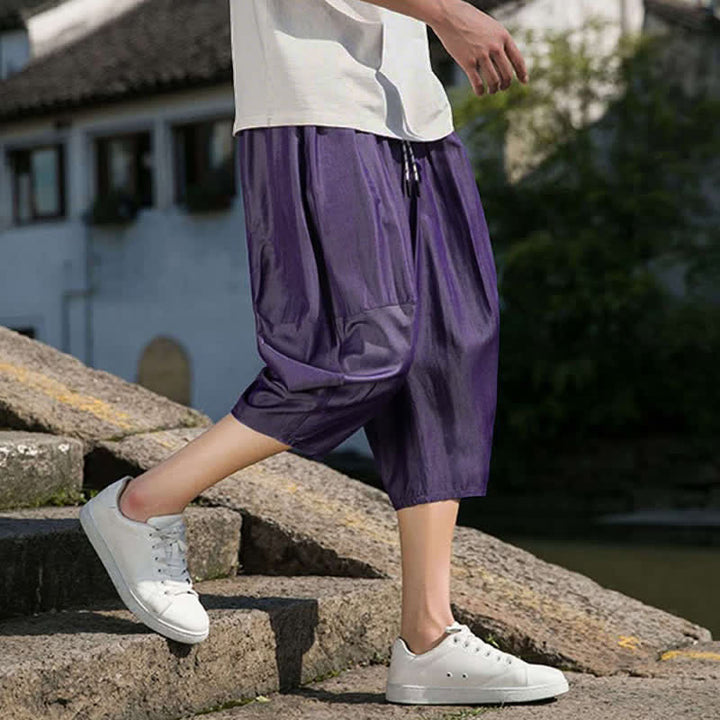 Buddha Stones Summer Elastic Waist Drawstring Solid Color Half Men's Tapered Pants With Pockets  - image 35