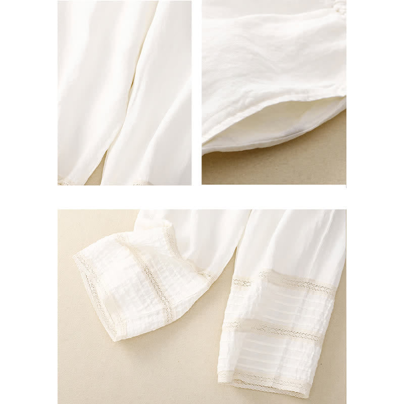 Buddha Stones Spring Elastic Waist Lace Pleated Hem Cotton Women's Pants With Pockets - image 9