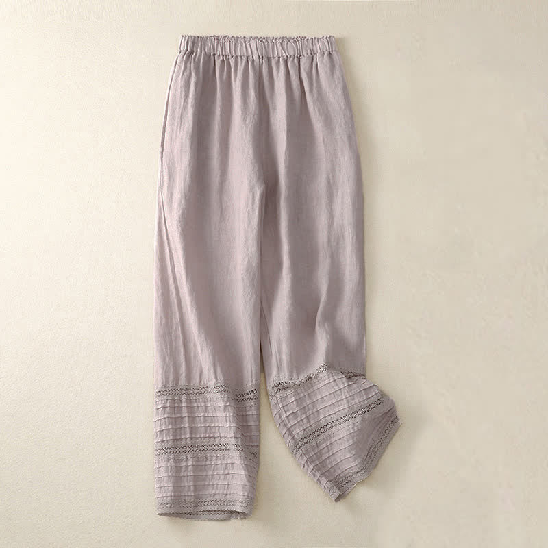 Buddha Stones Spring Elastic Waist Lace Pleated Hem Cotton Women's Pants With Pockets - image 0