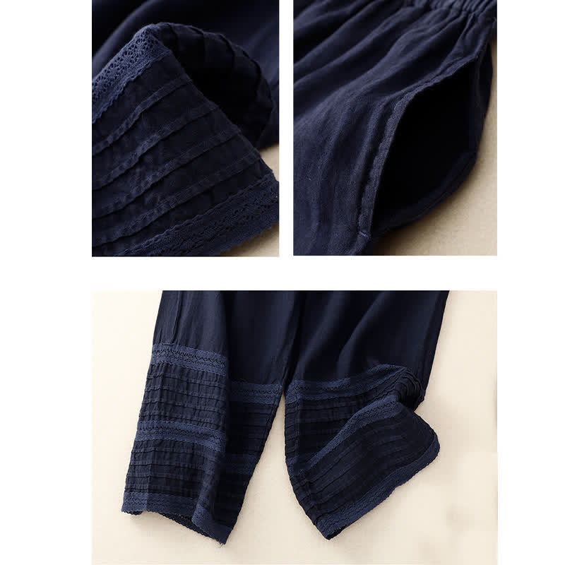 Buddha Stones Spring Elastic Waist Lace Pleated Hem Cotton Women's Pants With Pockets - image 12