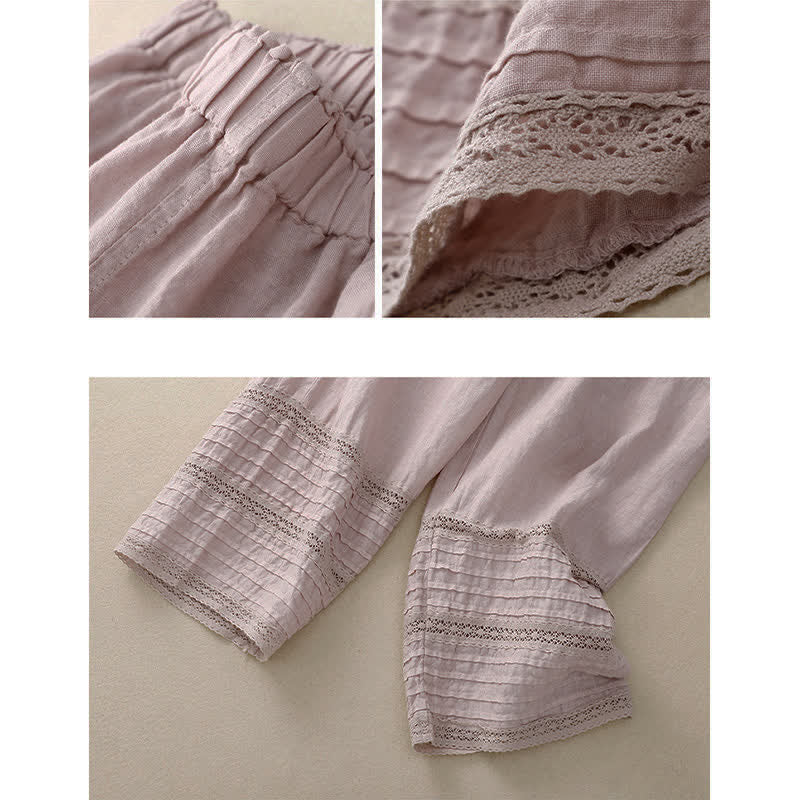 Buddha Stones Spring Elastic Waist Lace Pleated Hem Cotton Women's Pants With Pockets - image 5