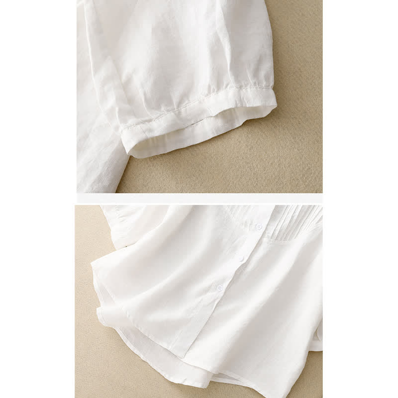 Buddha Stones Spring Pleated Pintuck Peter Pan Collar Half Sleeve Women's Shirt - image 12