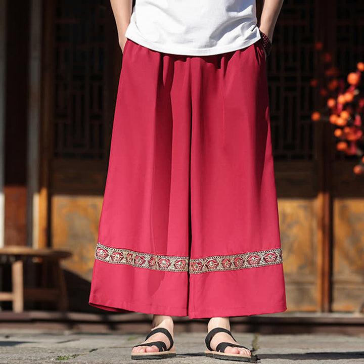 Buddha Stones Summer Cotton Embroidered Hem Elastic Waist Men's Cropped Wide Leg Pants With Pockets - image 8