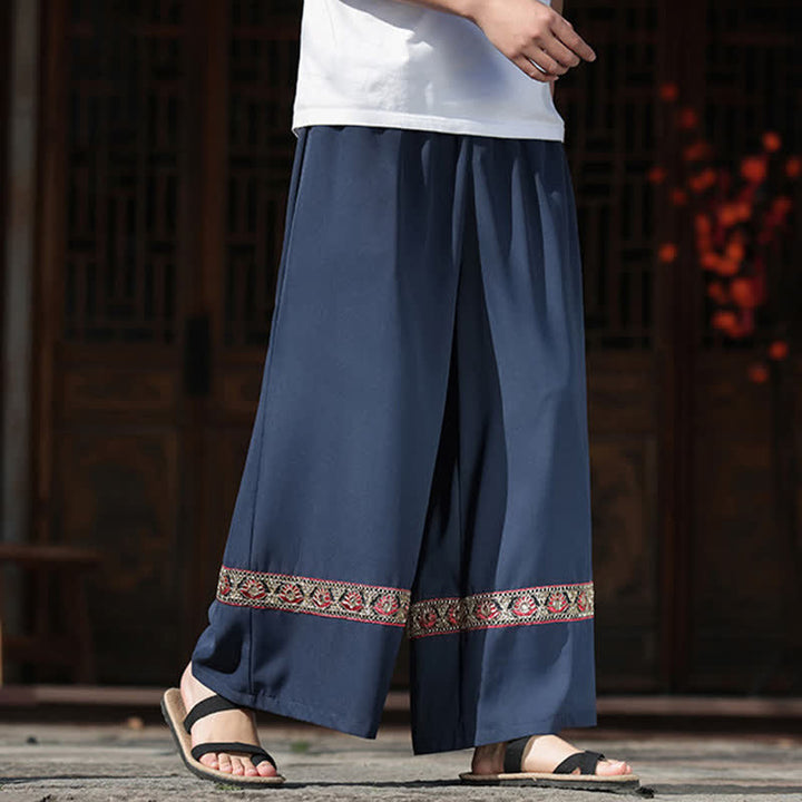 Buddha Stones Summer Cotton Embroidered Hem Elastic Waist Men's Cropped Wide Leg Pants With Pockets - image 5