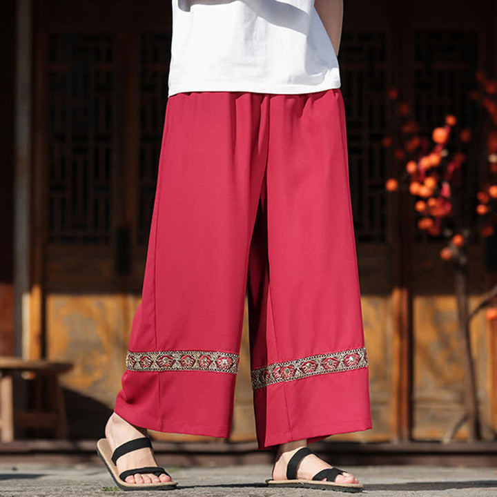 Buddha Stones Summer Cotton Embroidered Hem Elastic Waist Men's Cropped Wide Leg Pants With Pockets - image 11