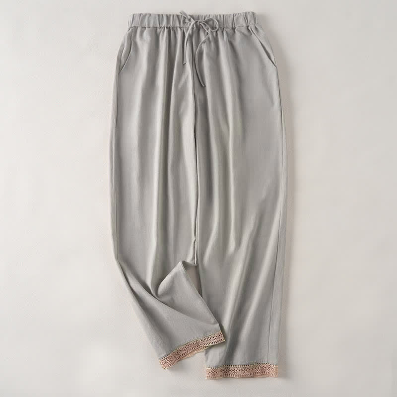 Buddha Stones Summer Lace-trimmed Hem Solid Color Women's Tapered Pants With Pockets - LightGray - US14，UK/AU18，EU46 (2XL) - image 9