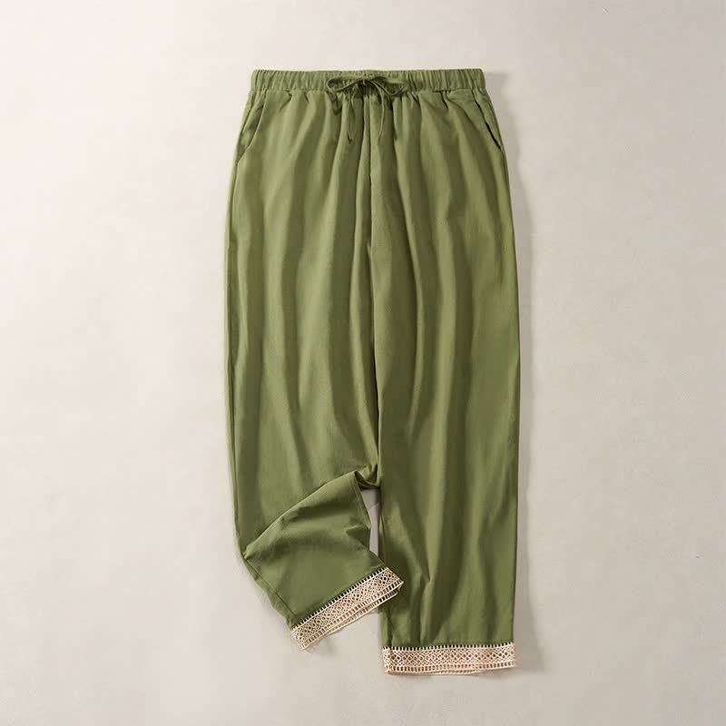 Buddha Stones Summer Lace-trimmed Hem Solid Color Women's Tapered Pants With Pockets - OliveDrab - US14，UK/AU18，EU46 (2XL) - image 27