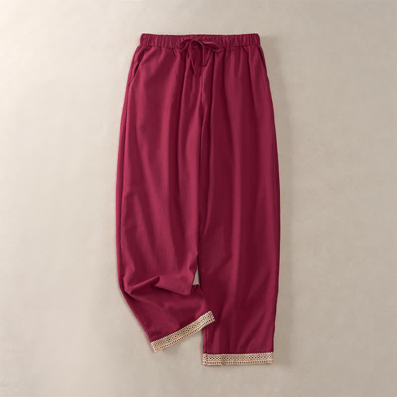 Buddha Stones Summer Lace-trimmed Hem Solid Color Women's Tapered Pants With Pockets - Crimson - US14，UK/AU18，EU46 (2XL) - image 21