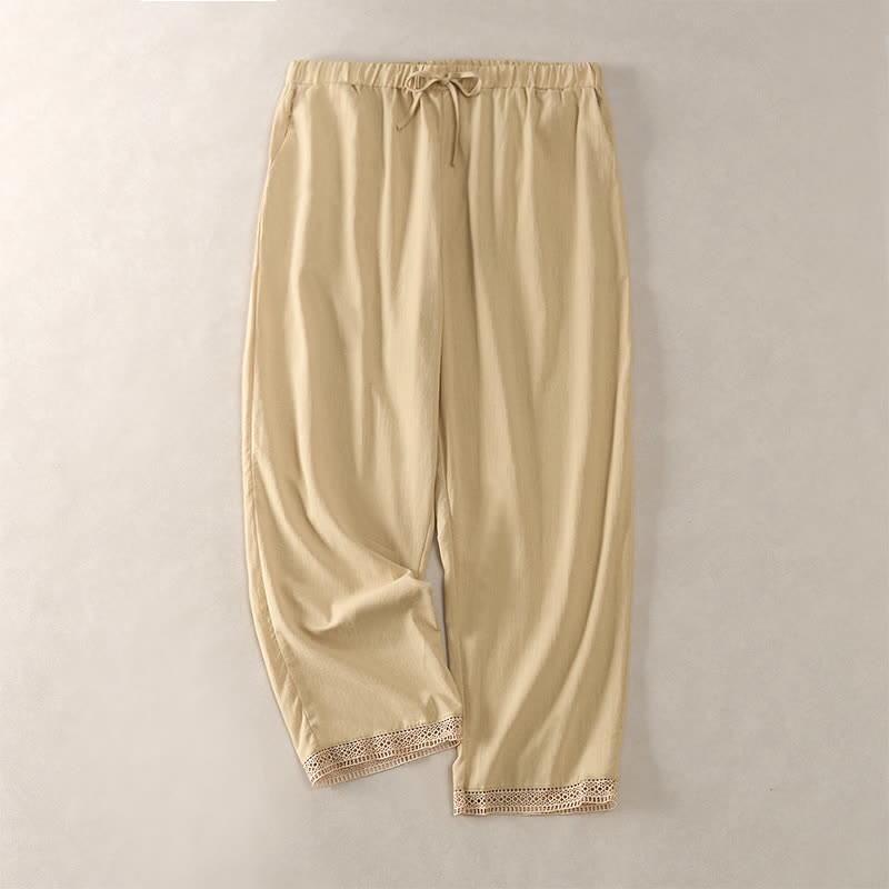 Buddha Stones Summer Lace-trimmed Hem Solid Color Women's Tapered Pants With Pockets - PaleGoldenrod - US14，UK/AU18，EU46 (2XL) - image 34