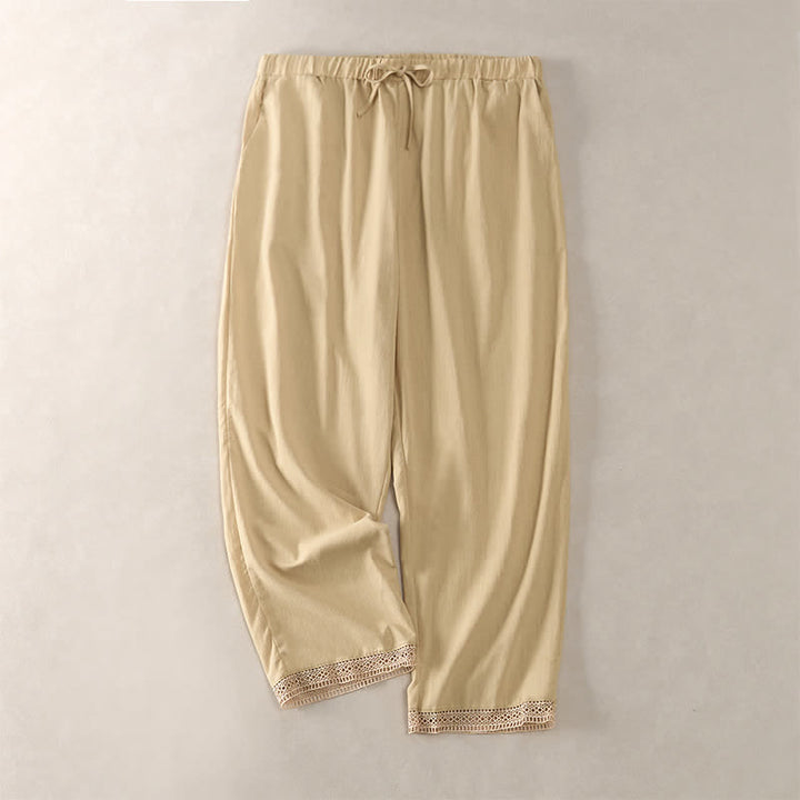 Buddha Stones Summer Lace-trimmed Hem Solid Color Women's Tapered Pants With Pockets - PaleGoldenrod - US14，UK/AU18，EU46 (2XL) - image 34