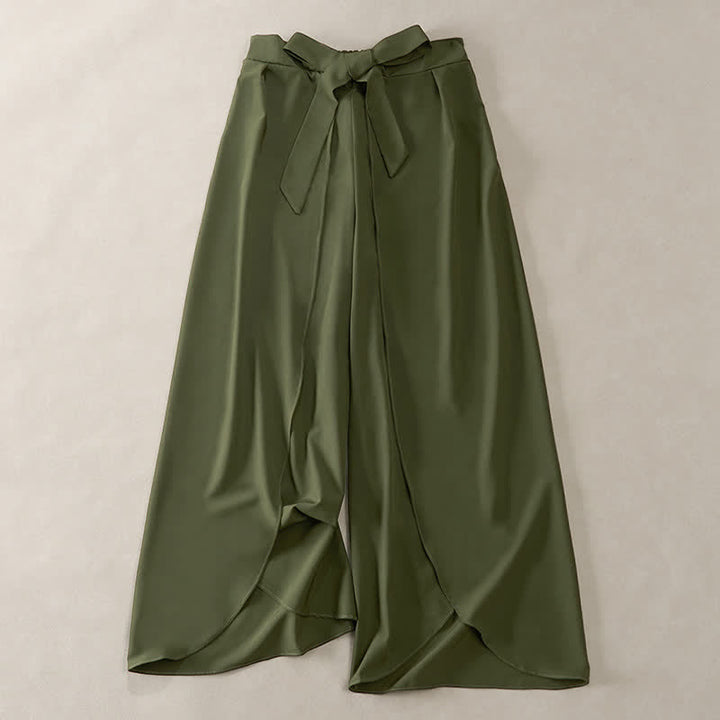 Buddha Stones Elegant Plain Side-Slit Drawstring Bow Design High Waist Women's Wide Leg Pants - DarkOliveGreen - US16，UK/AU20，EU48 (3XL) - image 0