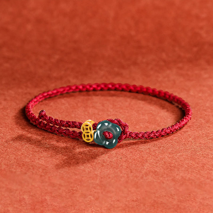 Buddha Stones Jade Flower Luck Copper Coin Red String Bracelet - Jade(Wrist Circumference:13-19cm) - image 0