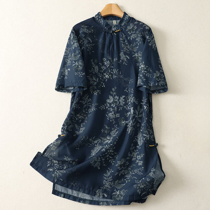 Buddha Stones Stand Collar Frog-Button Floral Print Pattern Short Sleeve Mini Dress - MidnightBlue - US12，UK/AU16，EU44 (2XL) - image 0