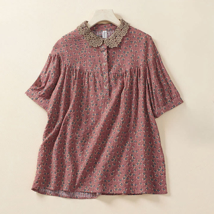 Buddha Stones Front Button Design Floral Print Pattern Women's Cotton Half Sleeve Shirt - LightCoral - US8-10，UK/AU12-14，EU40-42 (2XL) - image 5