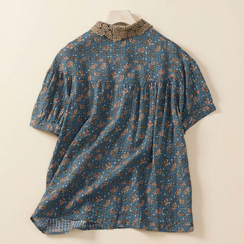 Buddha Stones Front Button Design Floral Print Pattern Women's Cotton Half Sleeve Shirt - image 1