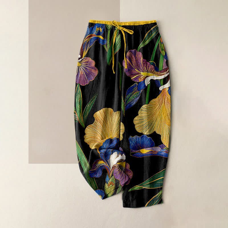 Buddha Stones Cotton Colorful Iris Floral Elastic Waist Drawstring Women's Pants With Pockets - Black - US16，UK/AU20，EU48 (3XL) - image 0