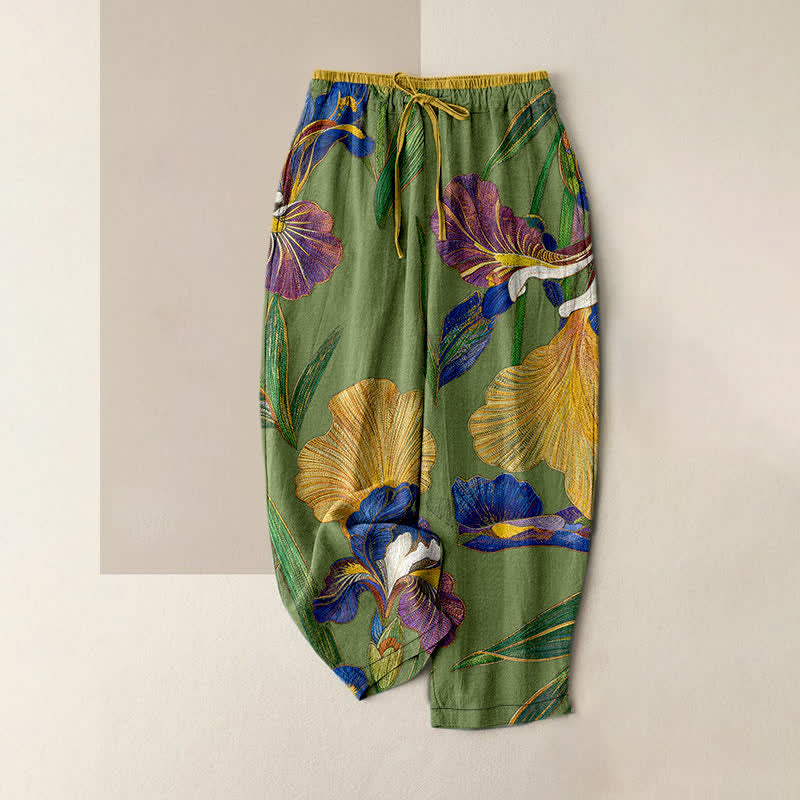 Buddha Stones Cotton Colorful Iris Floral Elastic Waist Drawstring Women's Pants With Pockets - OliveDrab - US16，UK/AU20，EU48 (3XL) - image 4