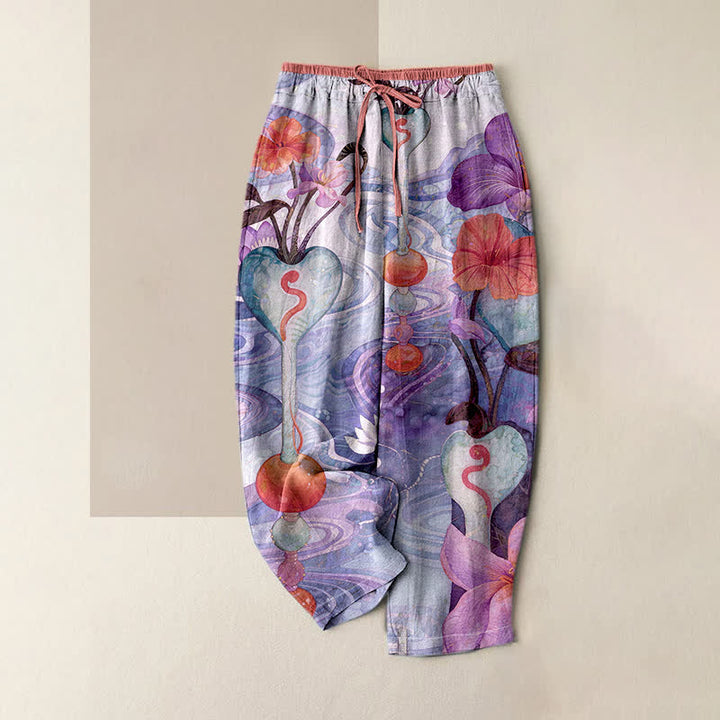 Buddha Stones Flower Pattern Drawstring Elastic Waist Women's Cotton Pants With Pockets - MediumOrchid - US16，UK/AU20，EU48 (3XL) - image 4