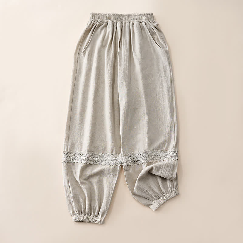Buddha Stones Summer Retro Lace Patchwork Desgin High Waist Women's Tapered Capri Pants With Pockets - Linen - US12，UK/AU16，EU44 (3XL) - image 0