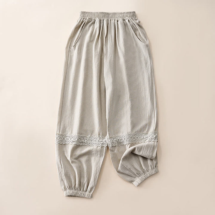 Buddha Stones Summer Retro Lace Patchwork Desgin High Waist Women's Tapered Capri Pants With Pockets - Linen - US12，UK/AU16，EU44 (3XL) - image 0