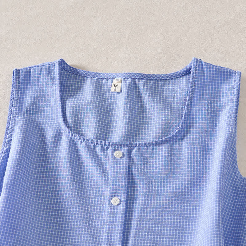 Buddha Stones Summer Coral Gingham Sleeveless A Line Vacation Casual Knee Length Dress With Pockets - image 8