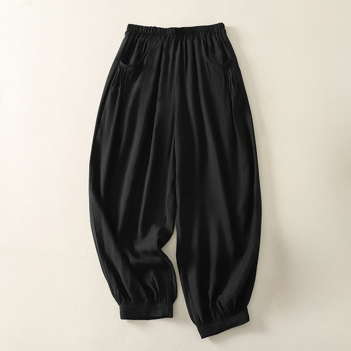 Buddha Stones Summer Solid Color Elastic Waist Women's Capri Harem Pants - Black - US8-10，UK/AU12-14，EU40-42 (2XL) - image 4