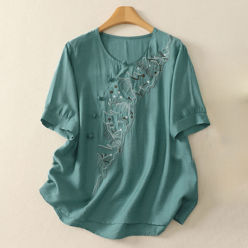 Buddha Stones Summer Mountain Embroidered Crew Neck Women's Short Sleeve Shirt - LightSeaGreen - US12，UK/AU16，EU44 (3XL) - image 0