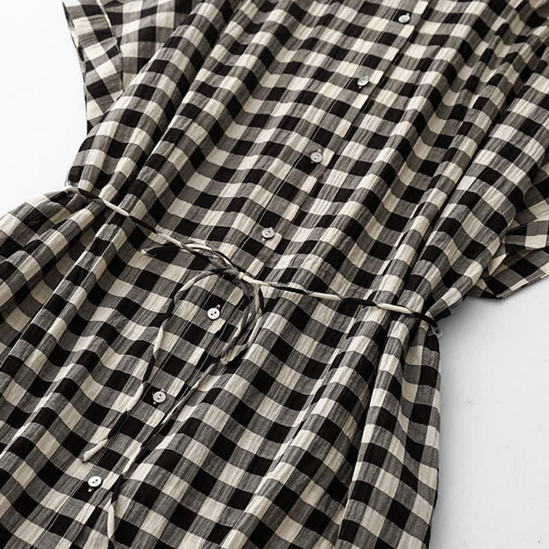 Buddha Stones Spring Gingham Knee Length Women's Short Sleeve Dress With Tie Waist Chiffon Hem - image 5